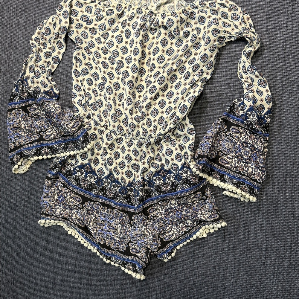 Forever 21 Cream Romper with Blue and Pink Paisley Print